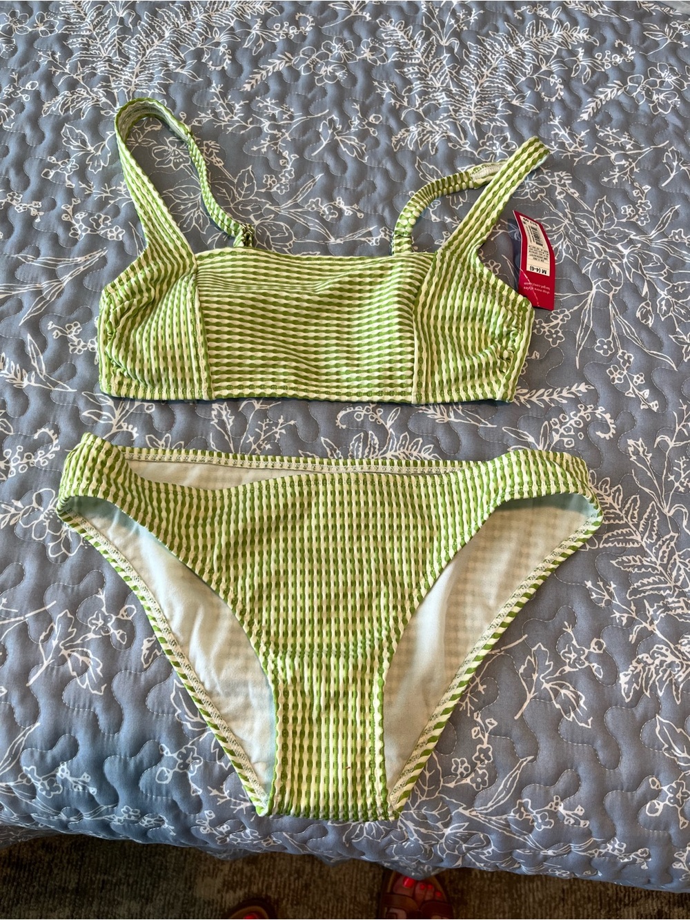 Xhilaration Lime Green and White Ribbed Bikini Top